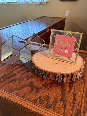 Wedding decor (Umbra frame, glass terrarium, wood round)